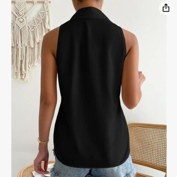 Verdusa Women's Casual Sleeveless Collar Button Down Black Shirt Blouse Sz Large - Picture 2 of 9